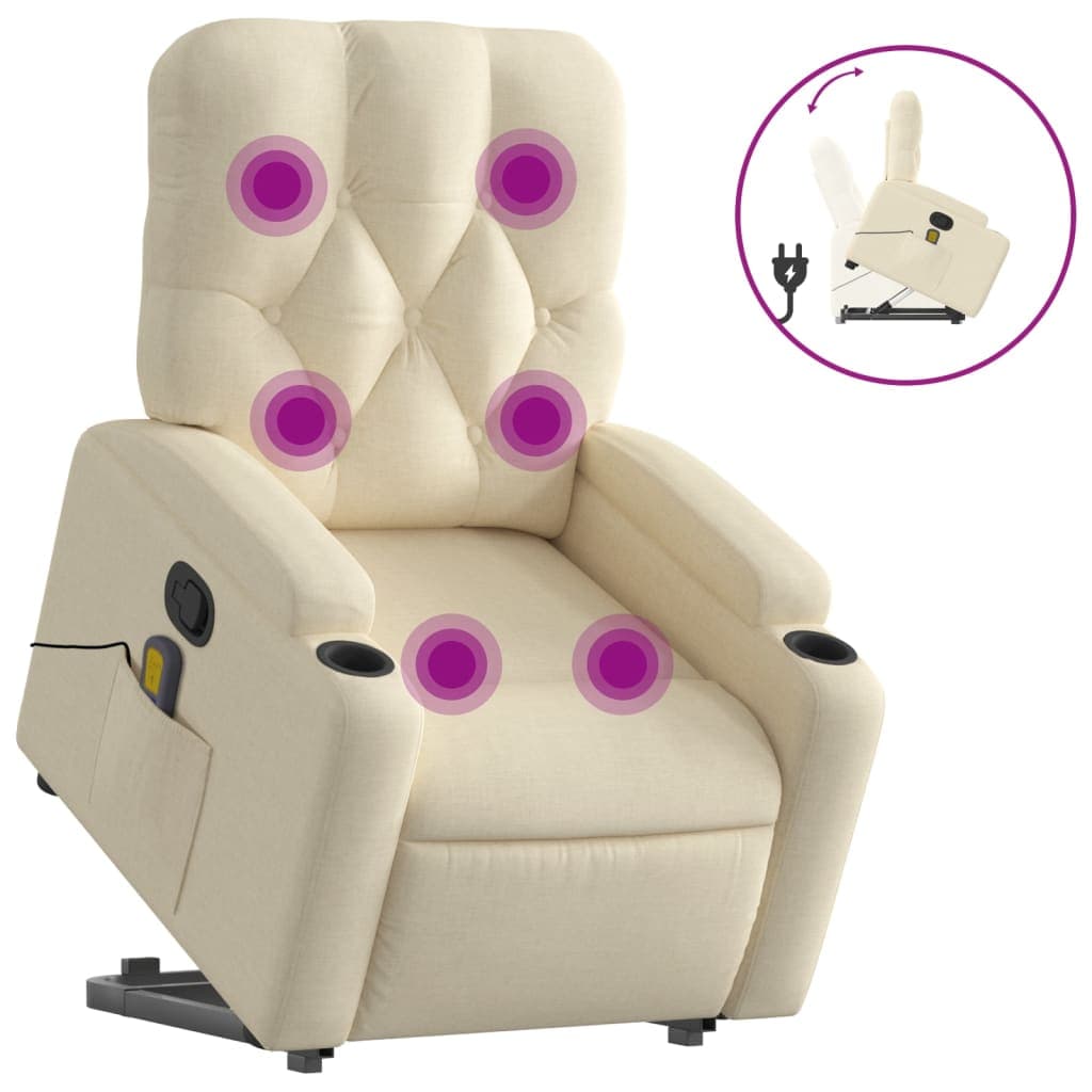 vidaXL Poltrona elevatória de massagens tecido cor creme
