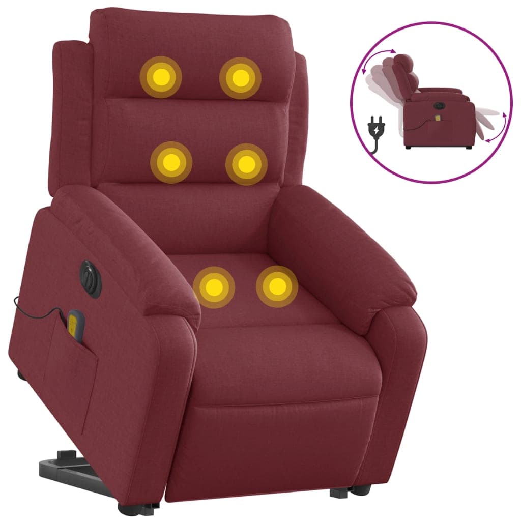 vidaXL Poltrona elevatória de massagens elétrica tecido vermelho tinto