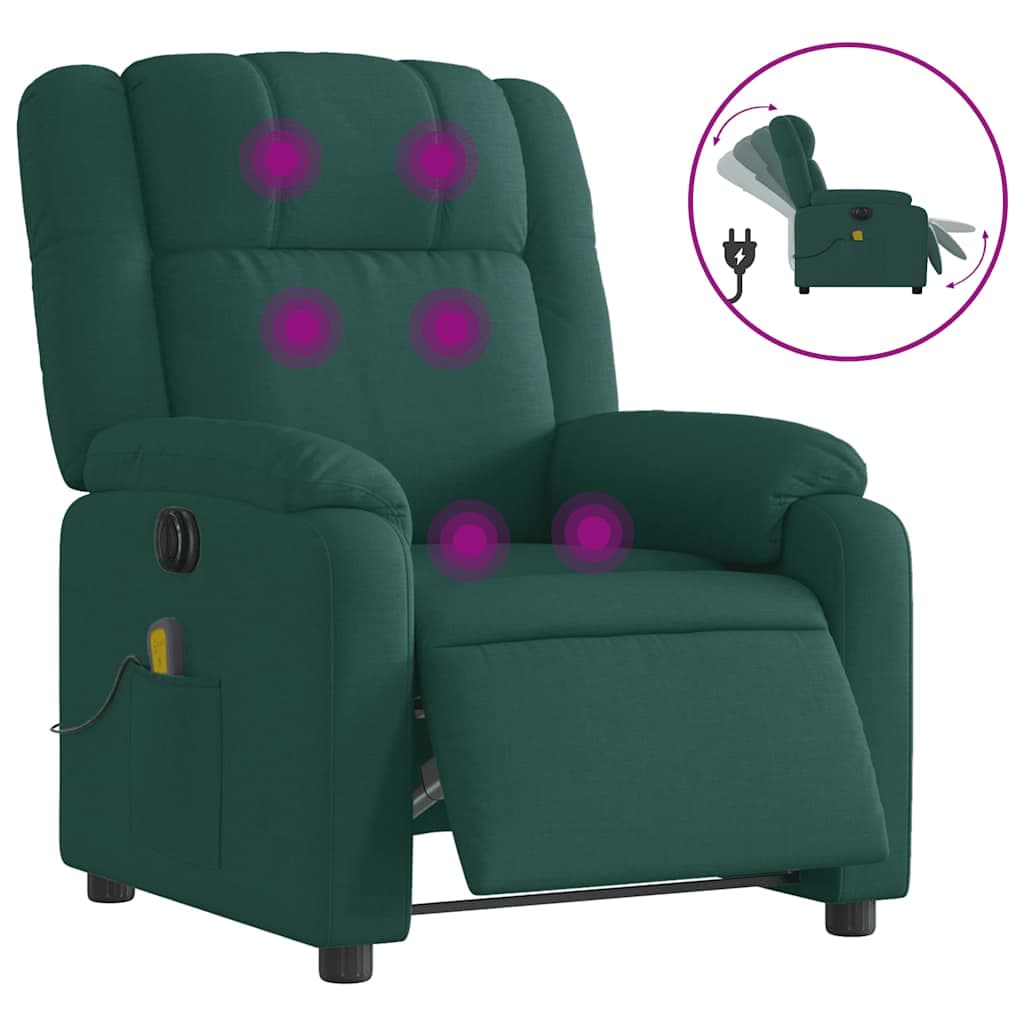 vidaXL Poltrona reclinável de massagens elétrica tecido verde-escuro