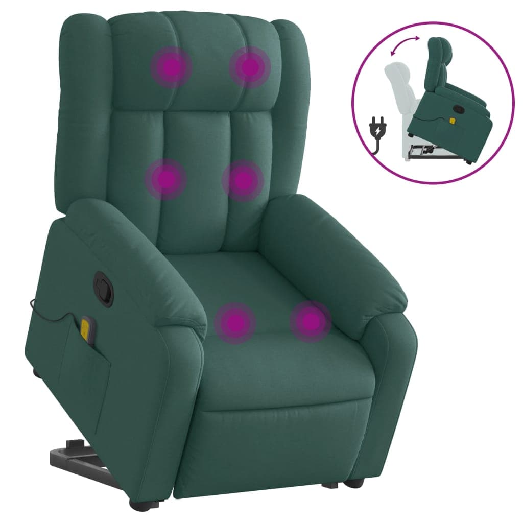 vidaXL Poltrona reclinável elevatória de massagens tecido verde-escuro