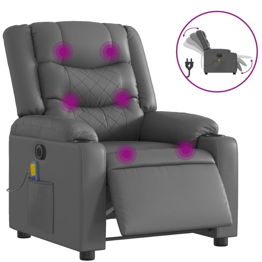 Poltrona Massagens Reclinável Elétrica Couro Artif. Cinzento - 1081630435