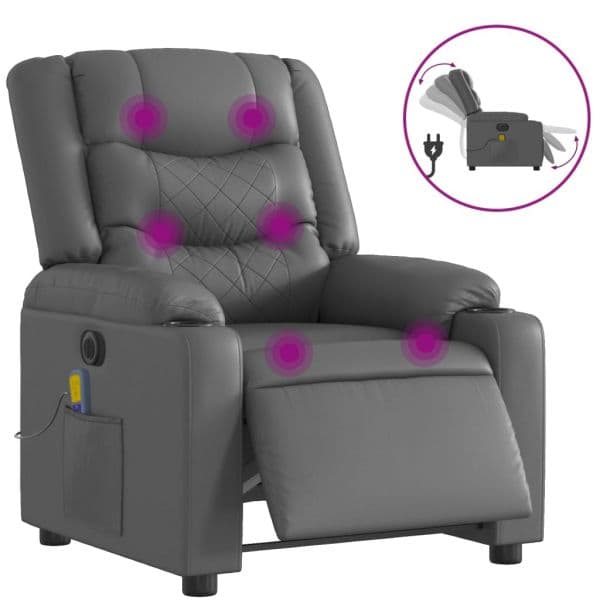 Poltrona Massagens Reclinável Elétrica Couro Artif. Cinzento - 1081630435