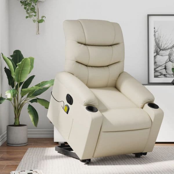 Poltrona Reclinável Elevatória Elétrica Couro Artificial Creme - 2054702827