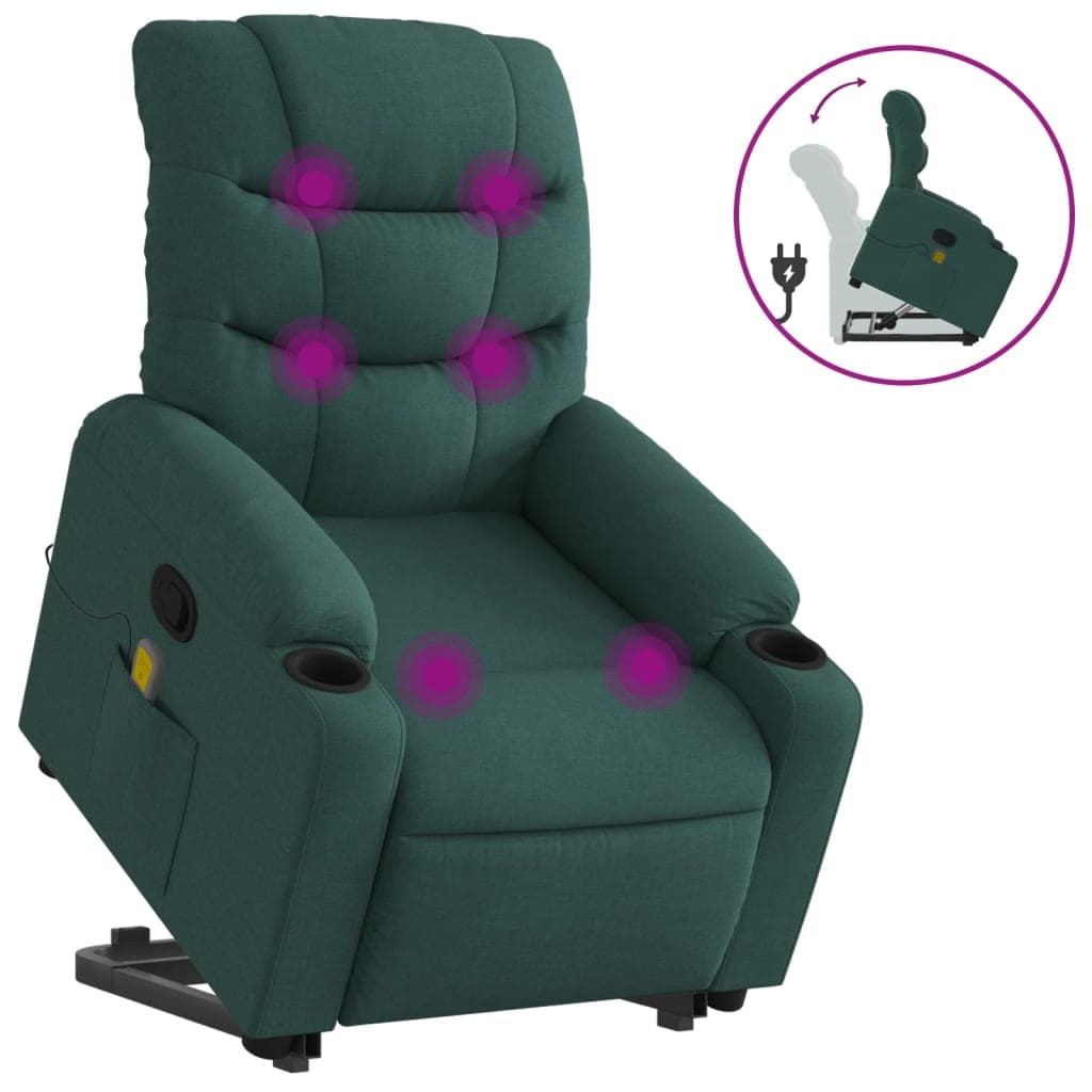 vidaXL Poltrona reclinável elevatória de massagens tecido verde-escuro