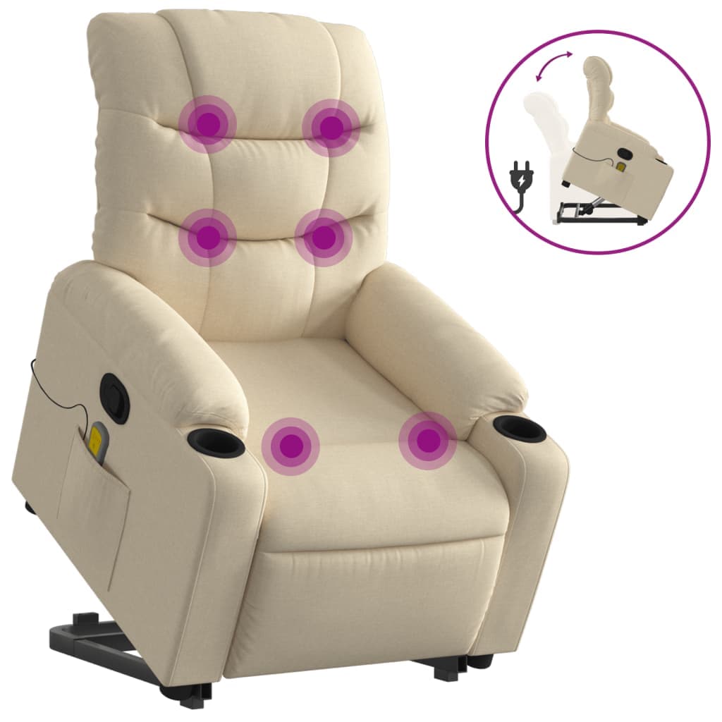 vidaXL Poltrona elevatória de massagens tecido cor creme