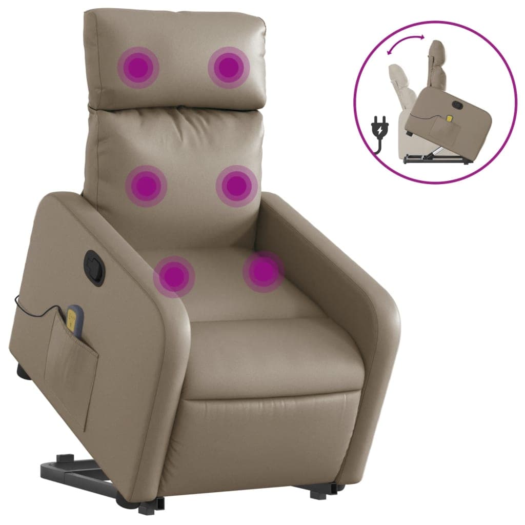 vidaXL Poltrona massagens reclinável elevatória couro art. cappuccino