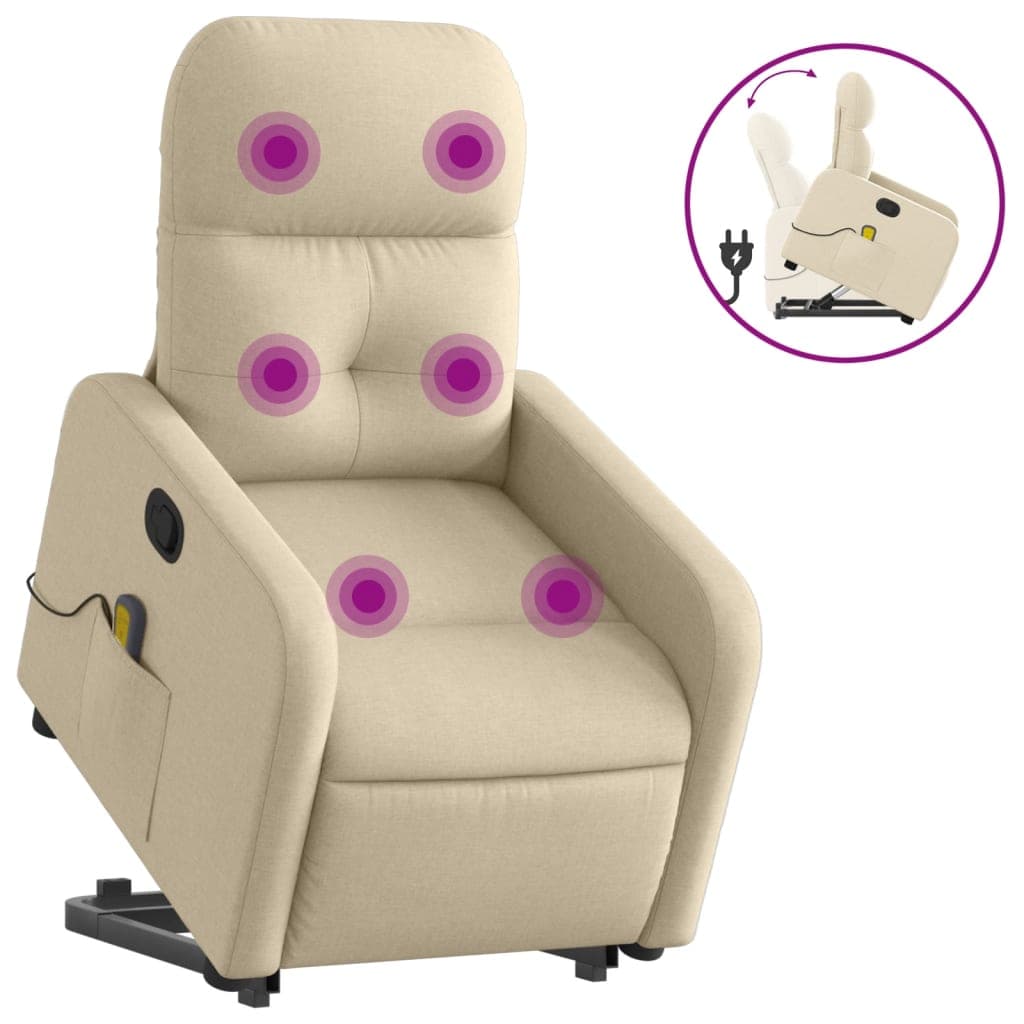 vidaXL Poltrona elevatória de massagens tecido cor creme