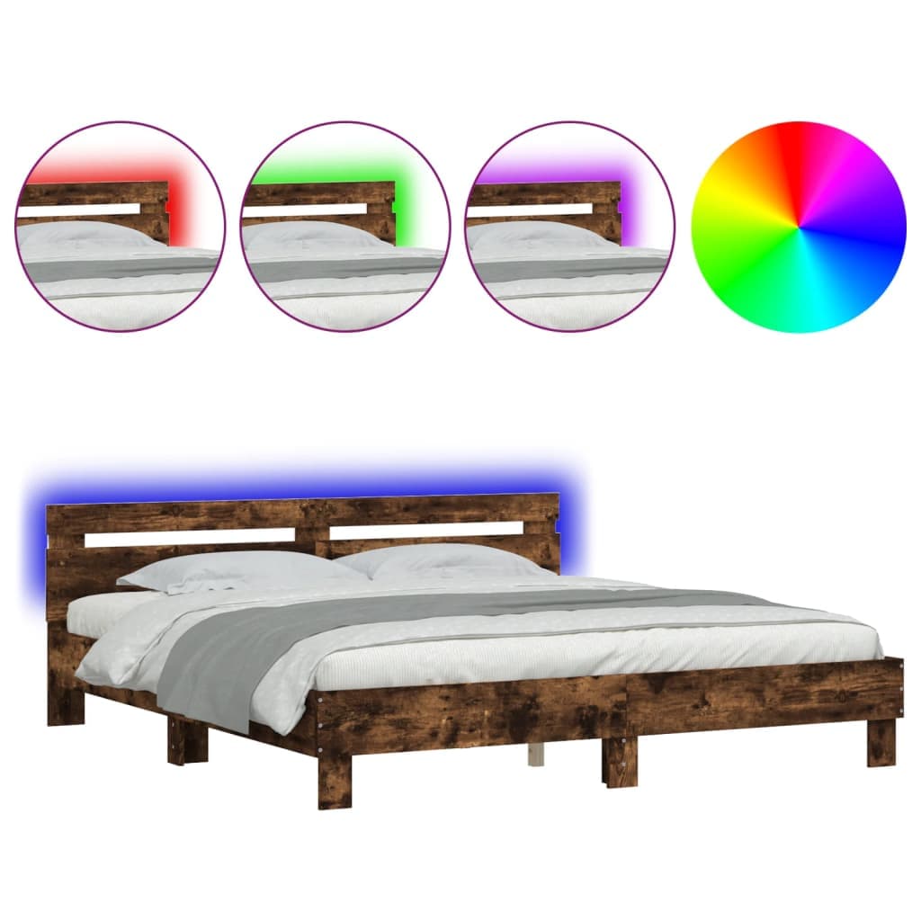 vidaXL Estrutura cama c/ cabeceira/luzes LED 200x200cm carvalho fumado