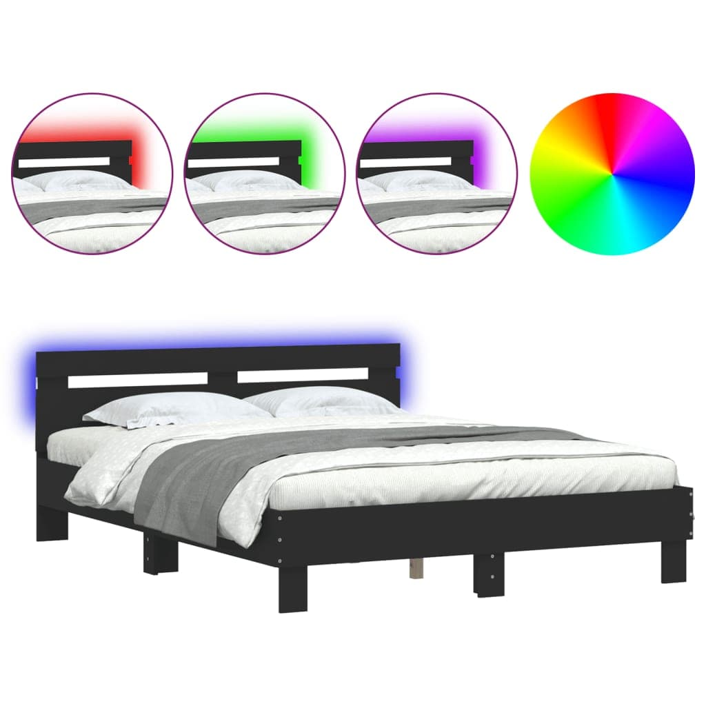 vidaXL Estrutura de cama com cabeceira e luzes LED 140x190 cm preto