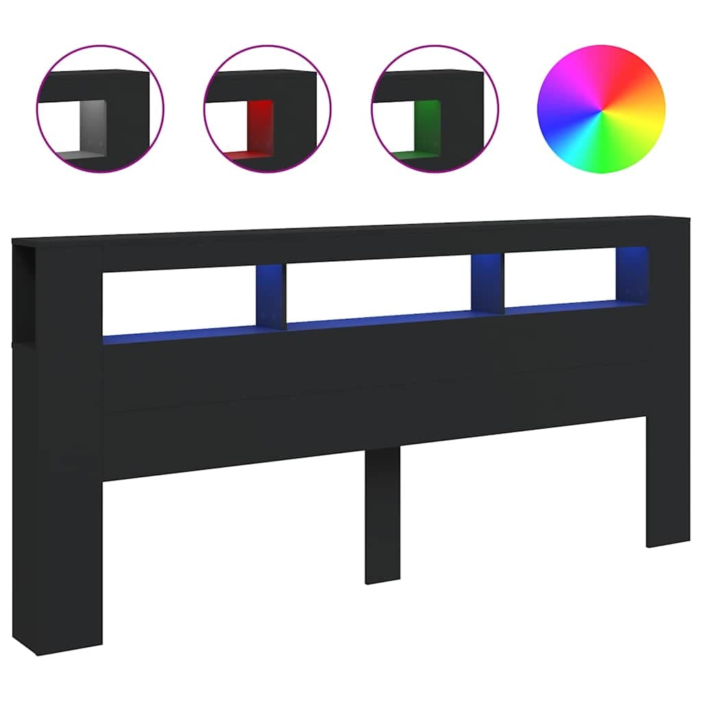 vidaXL Cabeceira cama c/ LEDs 220x18,5x103,5 cm deriv. madeira preto
