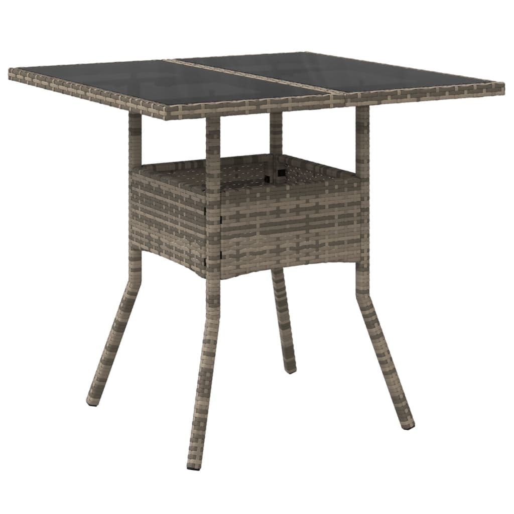 vidaXL Mesa de jardim com tampo de vidro 80x80x75 cm vime PE cinzento