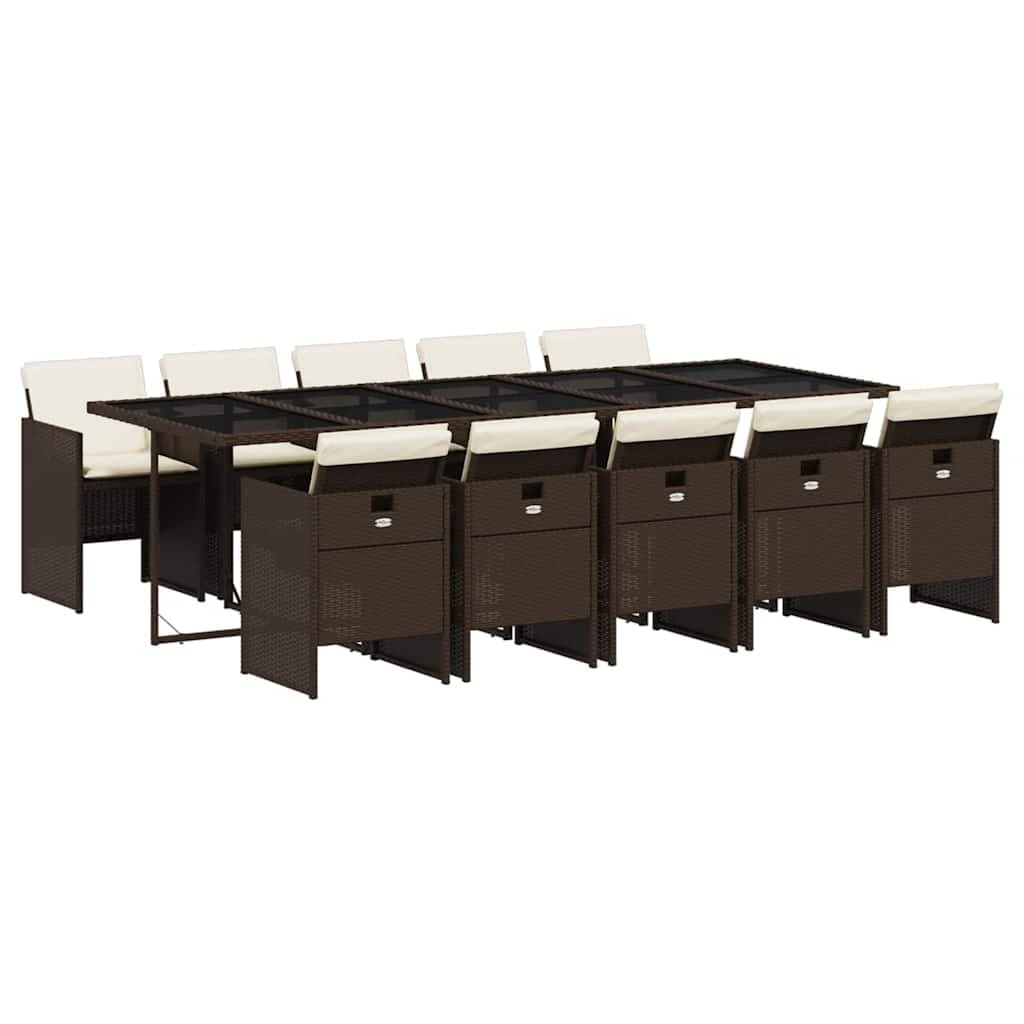 vidaXL 11 pcs conjunto jantar p/ jardim c/ almofadões vime PE castanho