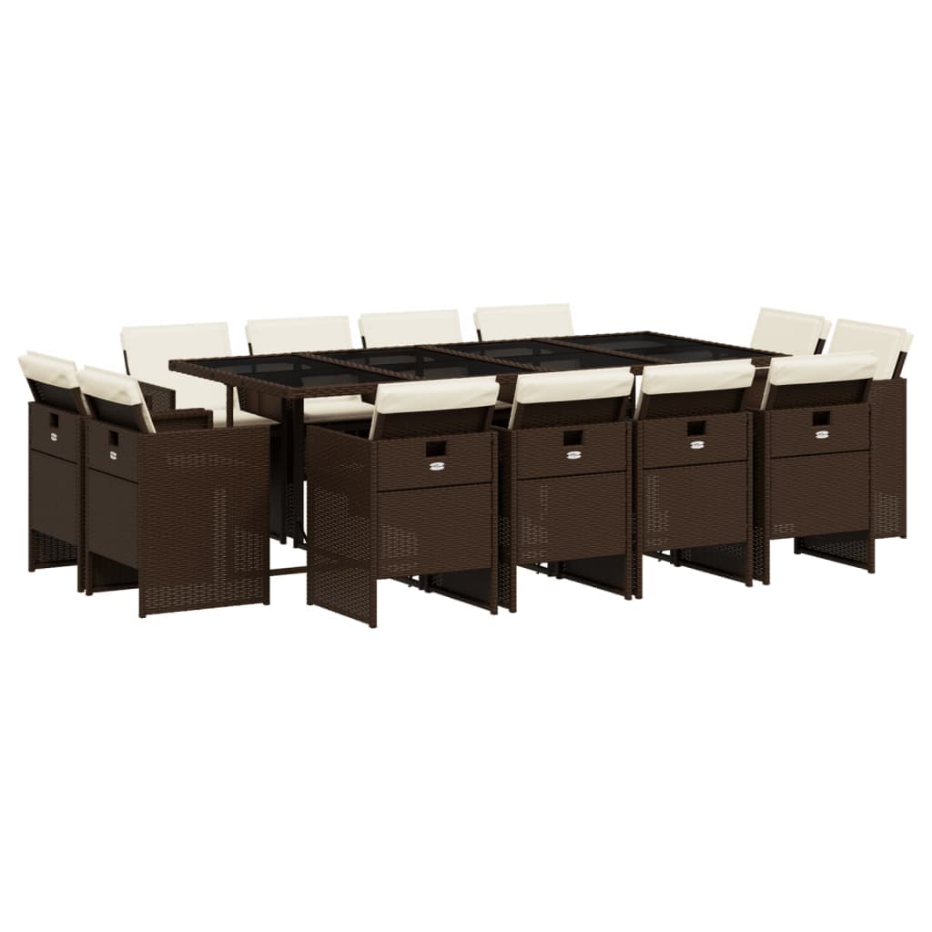 vidaXL 13 Peças Conjunto Jantar para Jardim com Almofadões Vime Pe Castanho - 2560415757