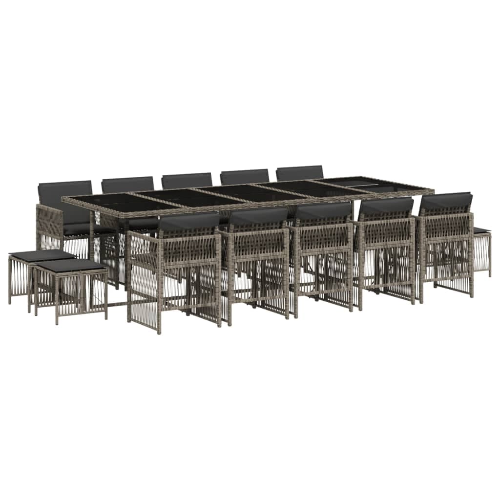 vidaXL 15 pcs conjunto jantar p/ jardim c/ almofadões vime PE cinzento