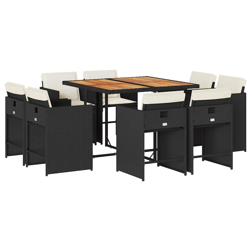 vidaXL 9 pcs conjunto de jantar p/ jardim c/ almofadões vime PE preto