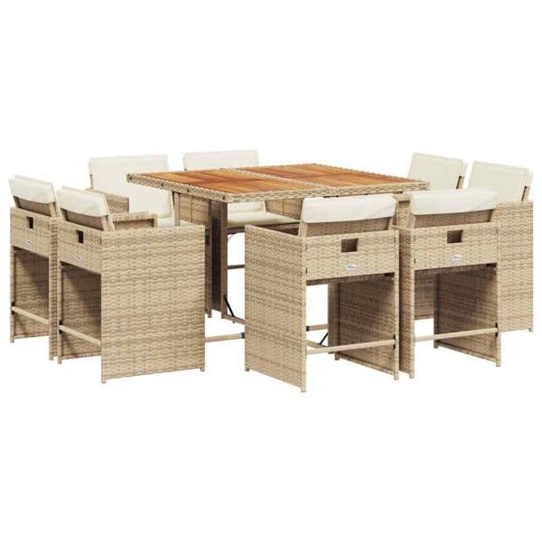 vidaXL 9 Peças Conjunto de Jantar para Jardim com Almofadões Vime Pe Bege - 2677696819