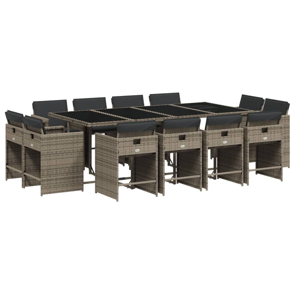 vidaXL 13 Peças Conjunto Jantar para Jardim com Almofadões Vime Pe Cinzento - 2864828328