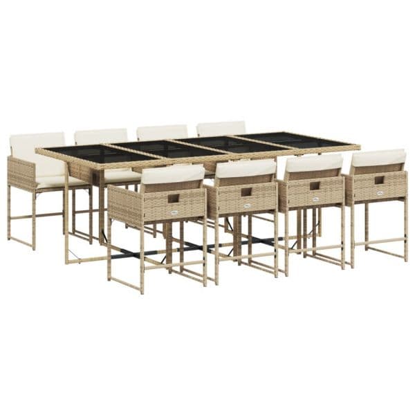vidaXL 9 Peças Conjunto de Jantar para Jardim com Almofadões Vime Pe Bege - 3189786126