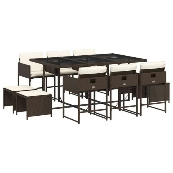 vidaXL 11 Peças Conjunto Jantar para Jardim com Almofadões Vime Pe Castanho - 3537837371