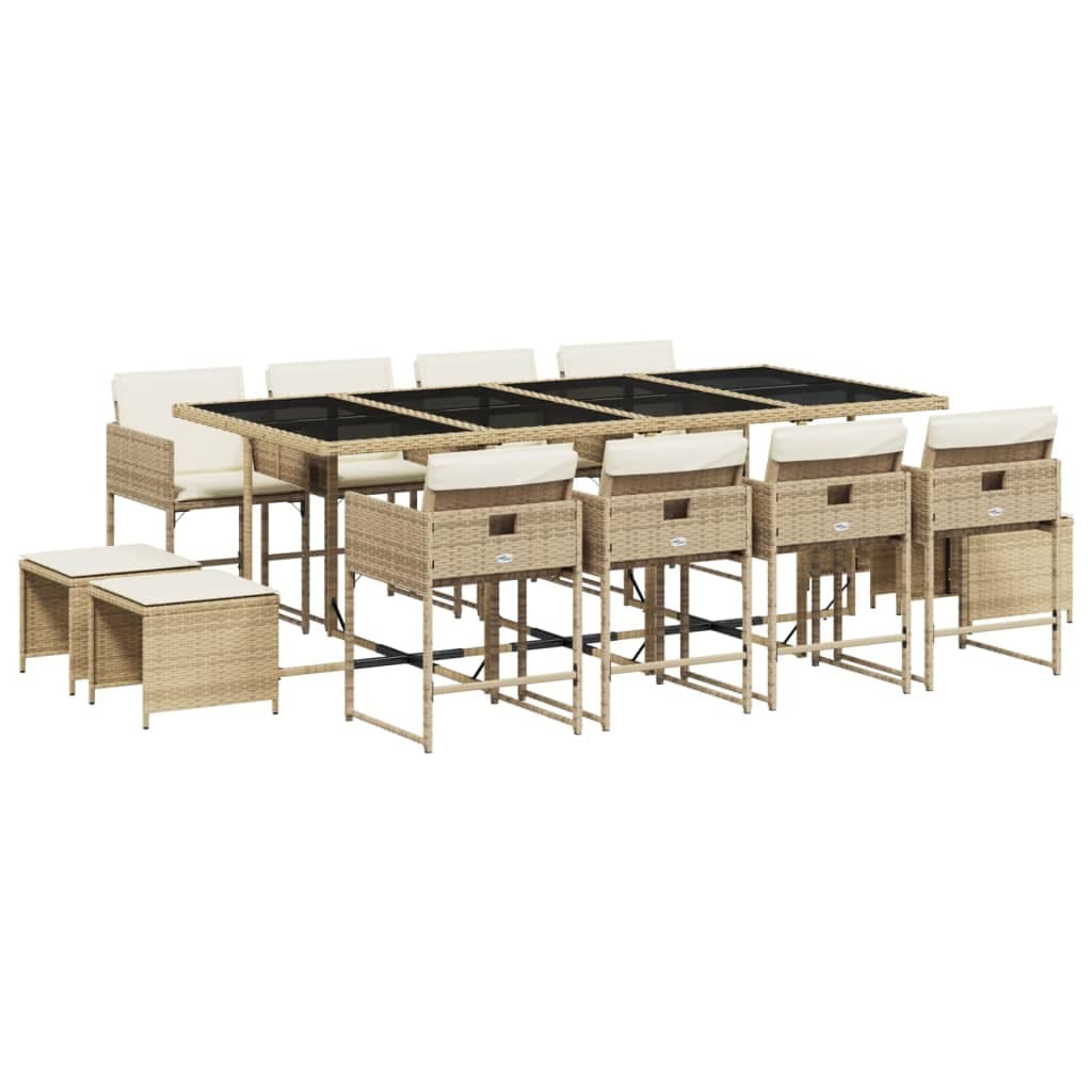vidaXL 13 Peças Conjunto de Jantar para Jardim com Almofadões Vime Pe Bege - 324494133