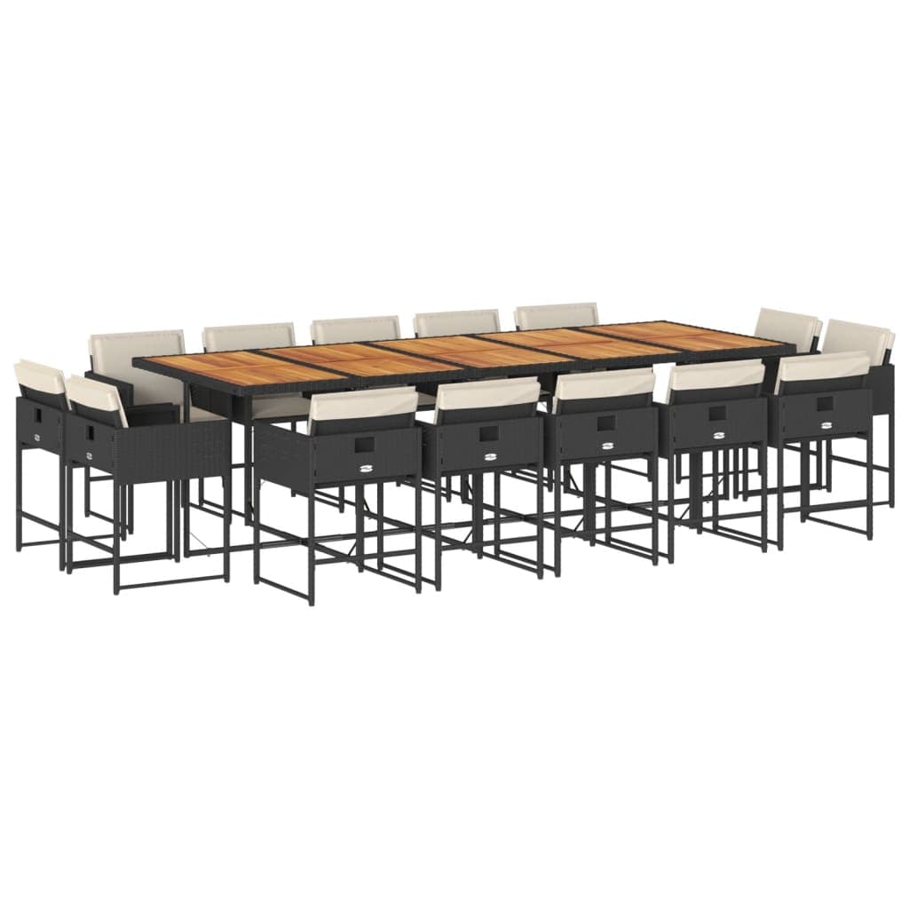 vidaXL 15 pcs conjunto de jantar p/jardim com almofadões vime PE preto
