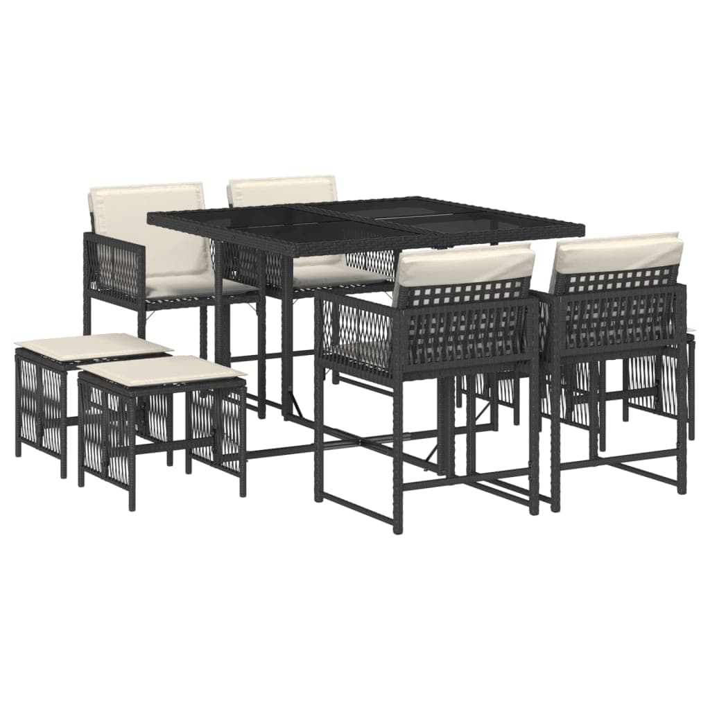 vidaXL 9 pcs conjunto de jantar p/ jardim c/ almofadões vime PE preto