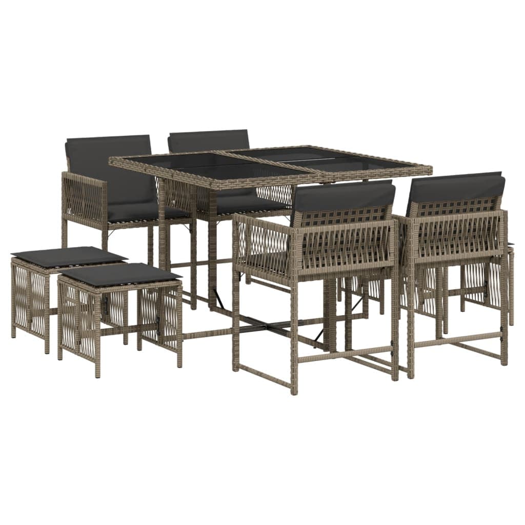 vidaXL 9 pcs conjunto de jantar p/ jardim c/ almofadões vime PE cinza
