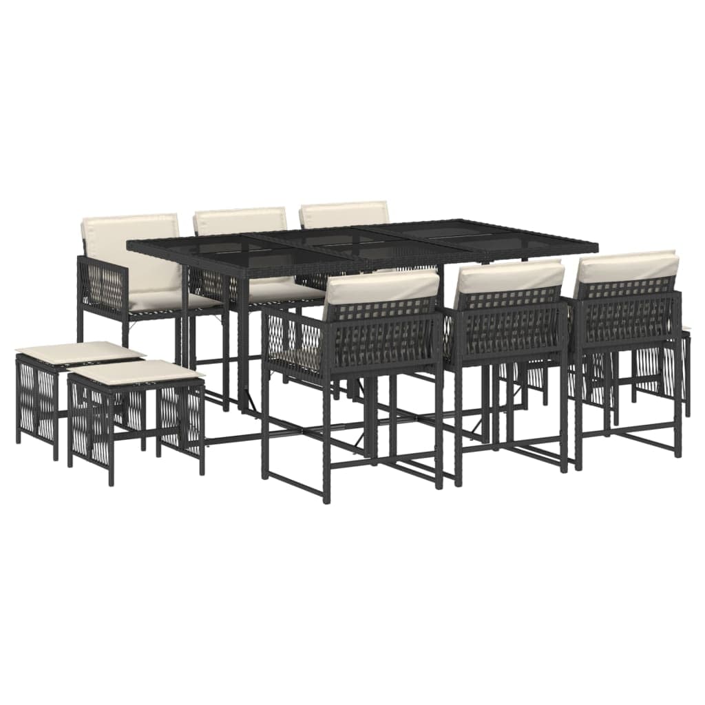 vidaXL 11 pcs conjunto de jantar p/ jardim c/ almofadões vime PE preto