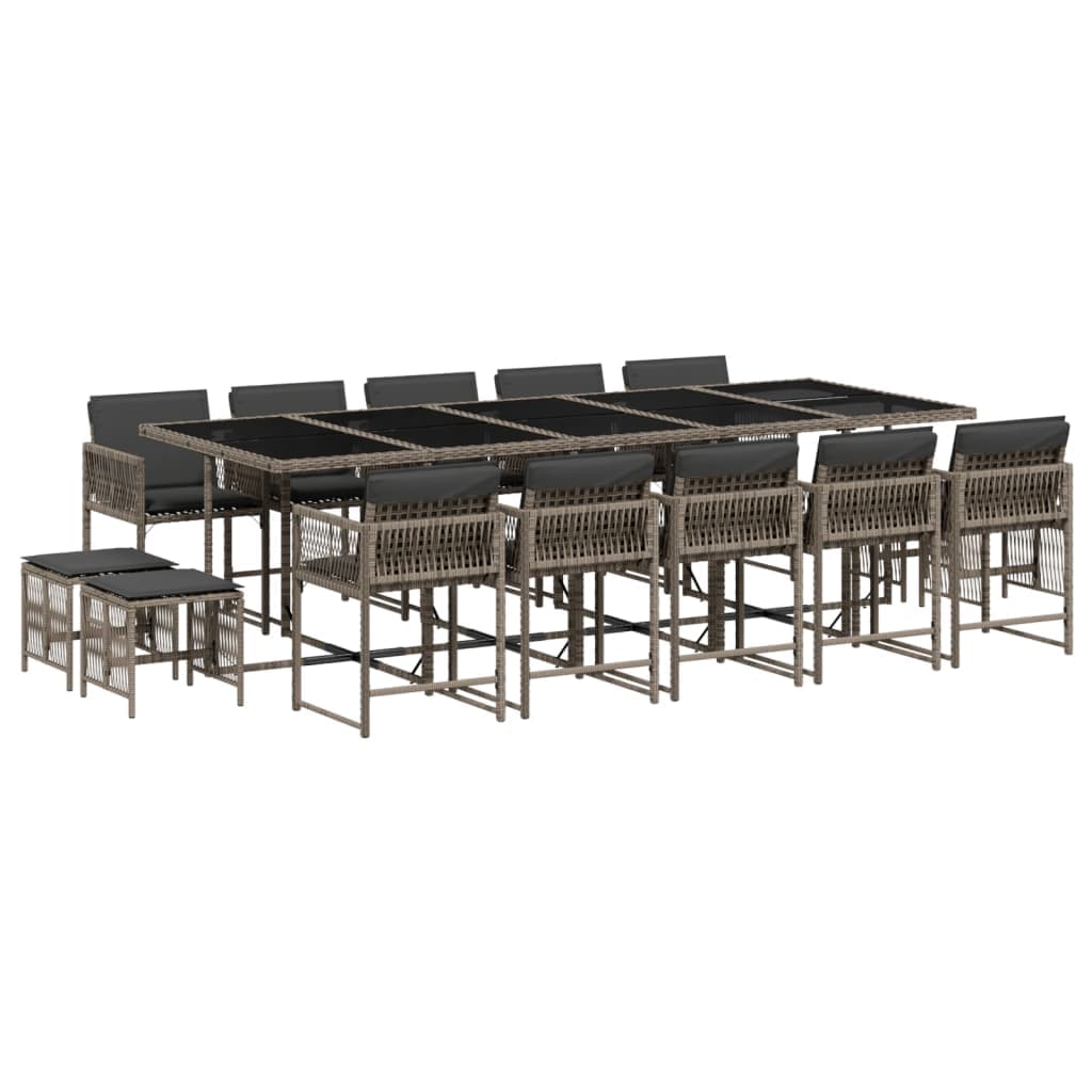 vidaXL 15 pcs conjunto jantar p/ jardim c/ almofadões vime PE cinzento