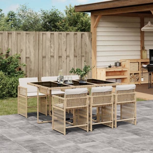 vidaXL 7 Peças Conjunto de Jantar para Jardim com Almofadões Vime Pe Bege - 3033749045