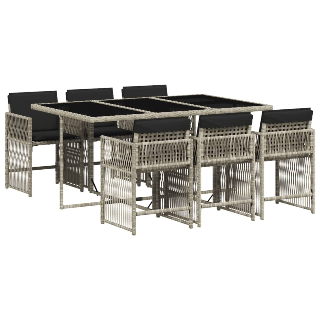 vidaXL 7 pcs conj. jantar p/ jardim c/ almofadões vime PE cinza-claro