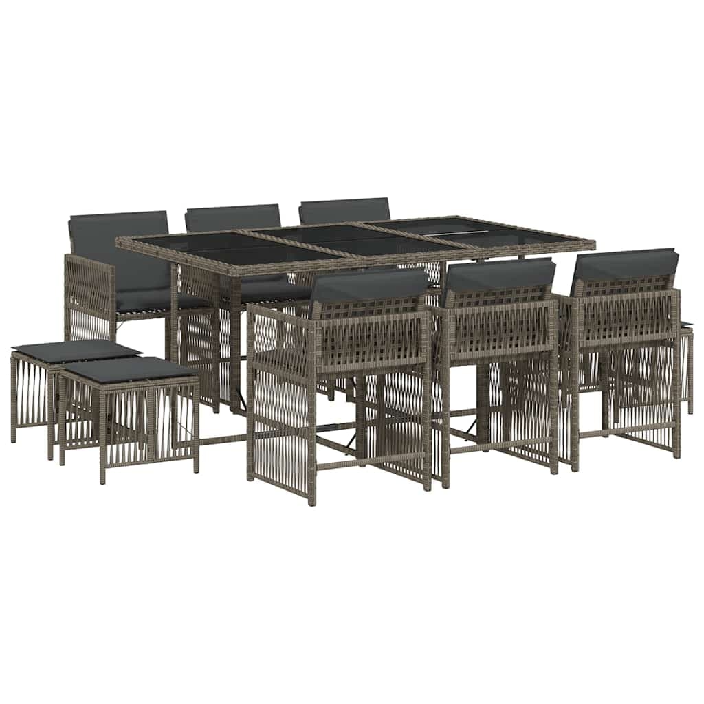 vidaXL 11 Peças Conjunto Jantar para Jardim com Almofadões Vime Pe Cinzento - 1509689292