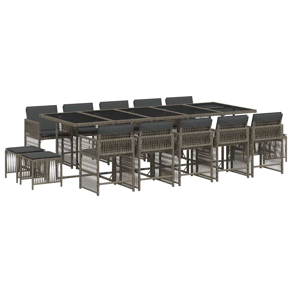vidaXL 15 pcs conjunto jantar p/ jardim c/ almofadões vime PE cinzento