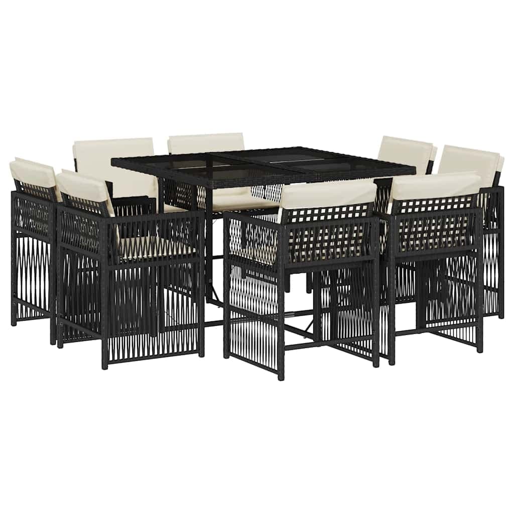 vidaXL 9 Peças Conjunto de Jantar para Jardim com Almofadões Vime Pe Preto - 2994534427