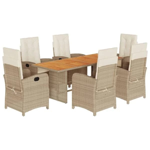 vidaXL 7 Peças Conjunto Jantar Jardim com Almofadões Vime Pe Bege Misturado - 1173769429