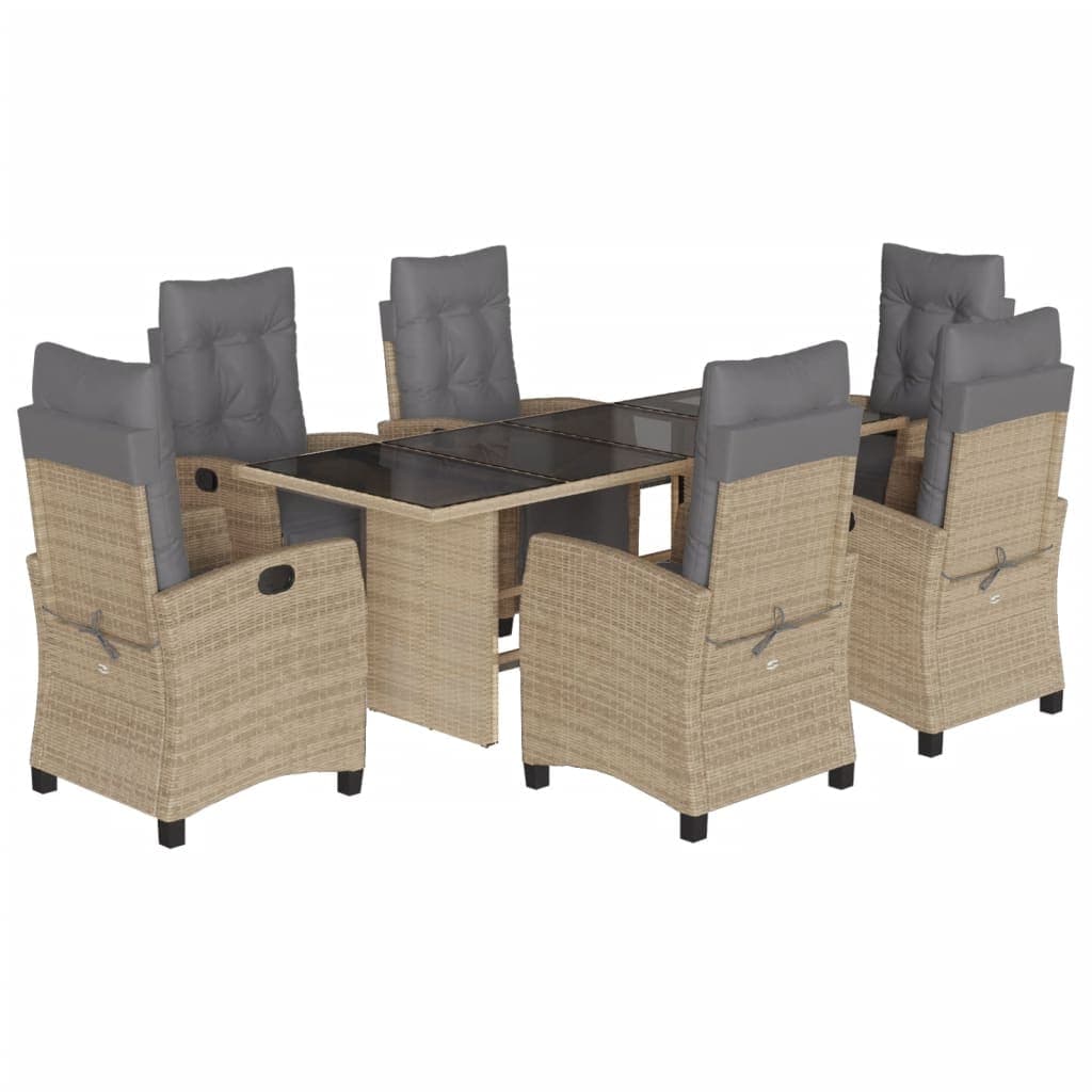 vidaXL 7 pcs conj. jantar jardim c/ almofadões vime PE bege misturado