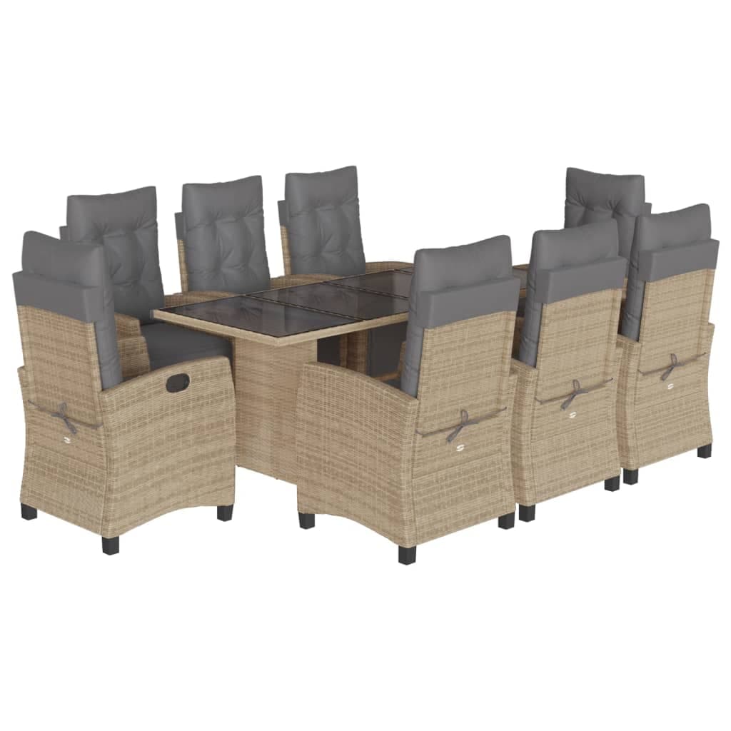 vidaXL 9 pcs conj. jantar jardim c/ almofadões vime PE bege misturado
