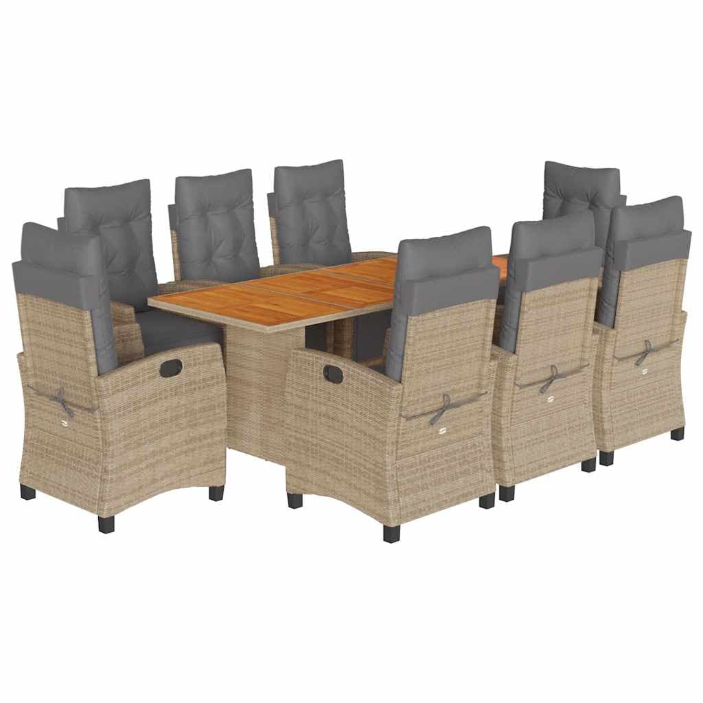 vidaXL 9 pcs conj. jantar jardim c/ almofadões vime PE bege misturado