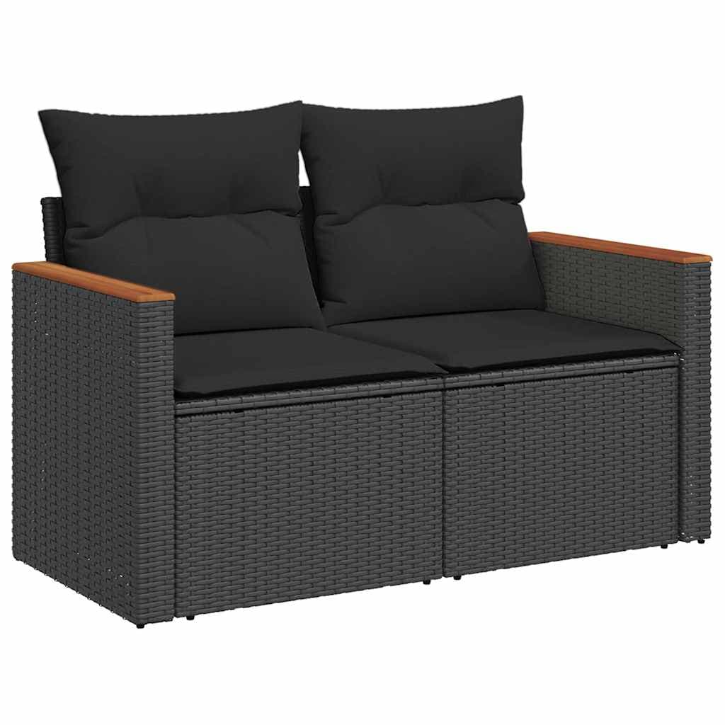 vidaXL Sofá de jardim com almofadas, 2 lugares, vime sintético preto