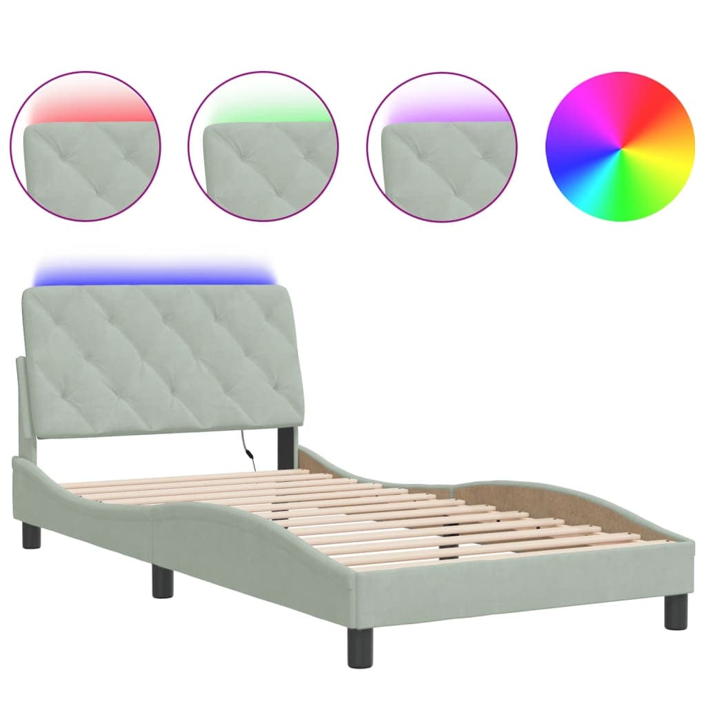vidaXL Estrutura de cama com LED sem colchão 100x200 cm veludo cinzento-claro