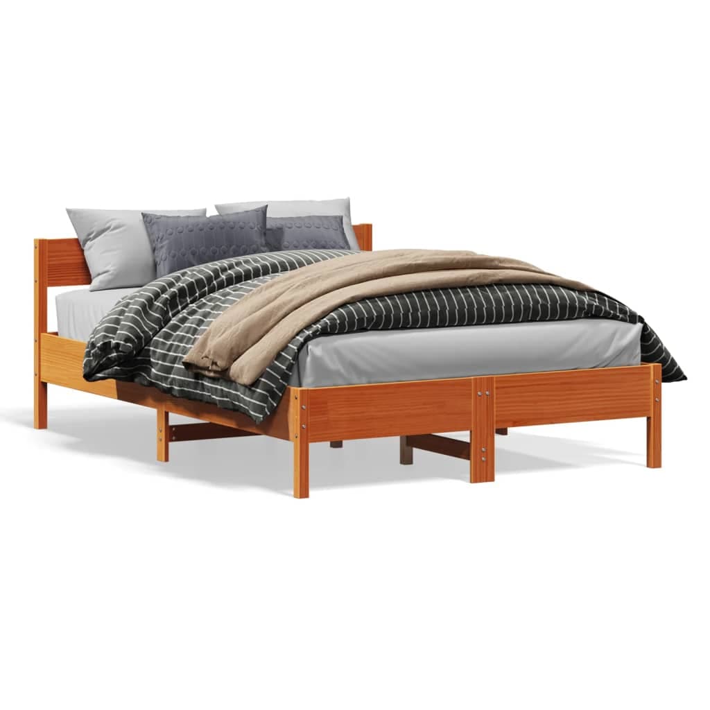 vidaXL Estrutura Cama com Cabeceira 135x190cm Pinho Maciço Castanho-mel - 1025938836