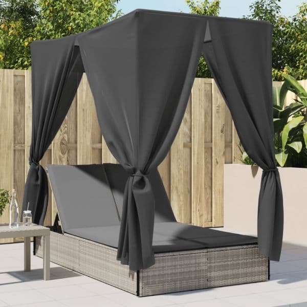 vidaXL Espreguiçadeira Dupla com Teto e Cortinas Vime Pe Cinzento-claro - 1086194895