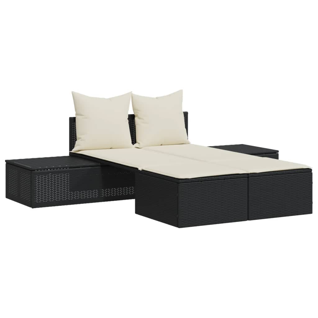 vidaXL Espreguiçadeira Dupla com Almofadões Vime Pe Preto - 584616798