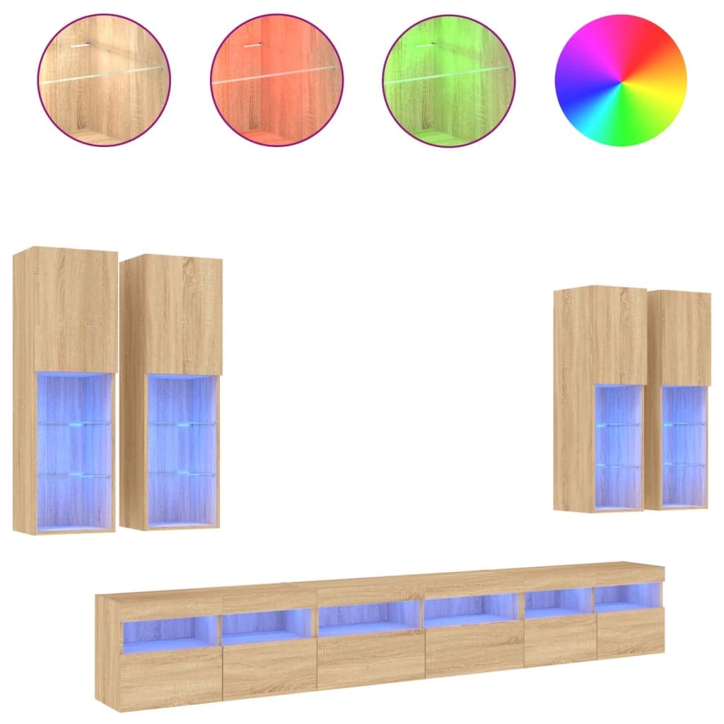 vidaXL 7 pcs conj. móveis de parede p/ TV c/ luzes LED carvalho sonoma