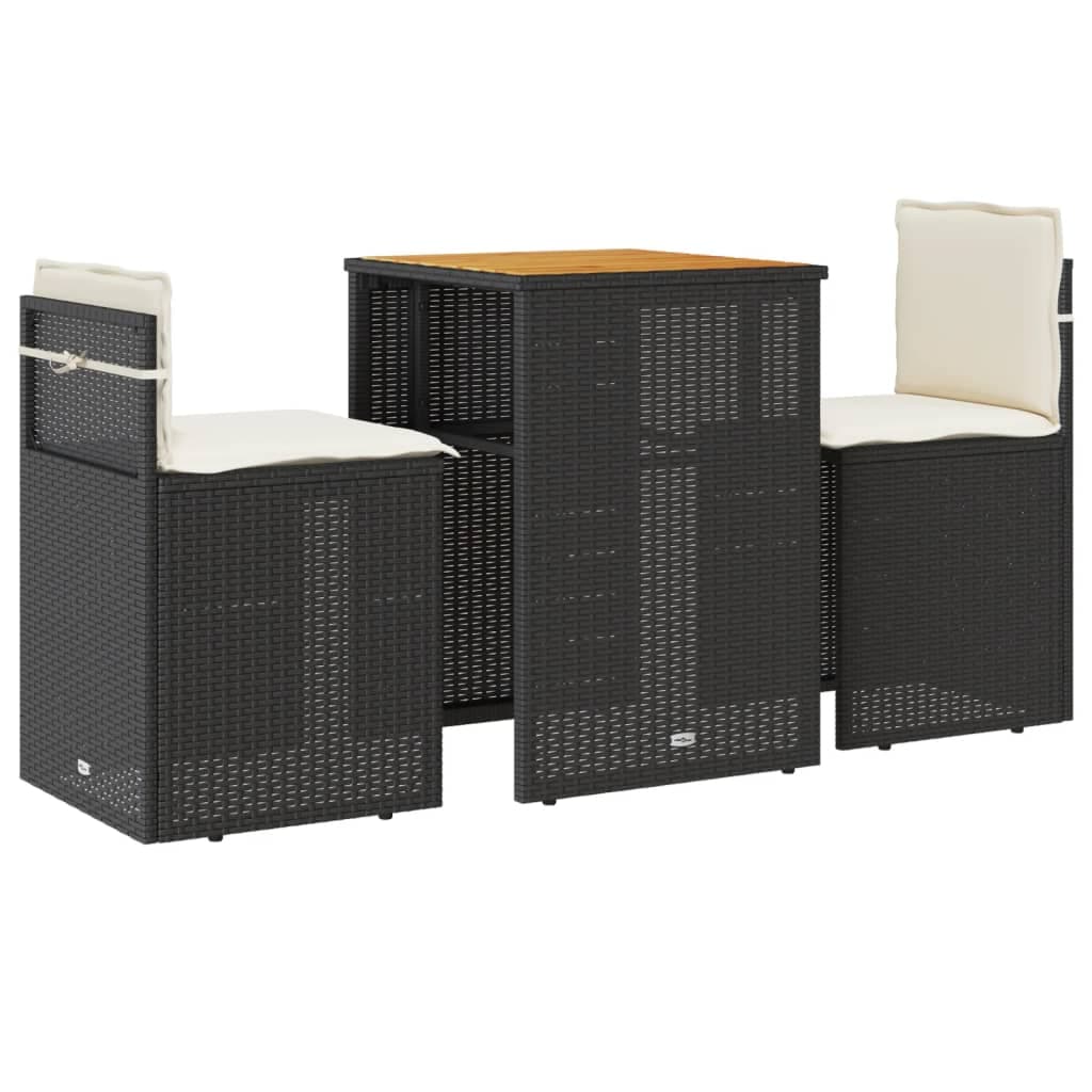 vidaXL 3 Peças Conjunto de Bistrô com Almofadões Vime Pe Preto - 3041735690