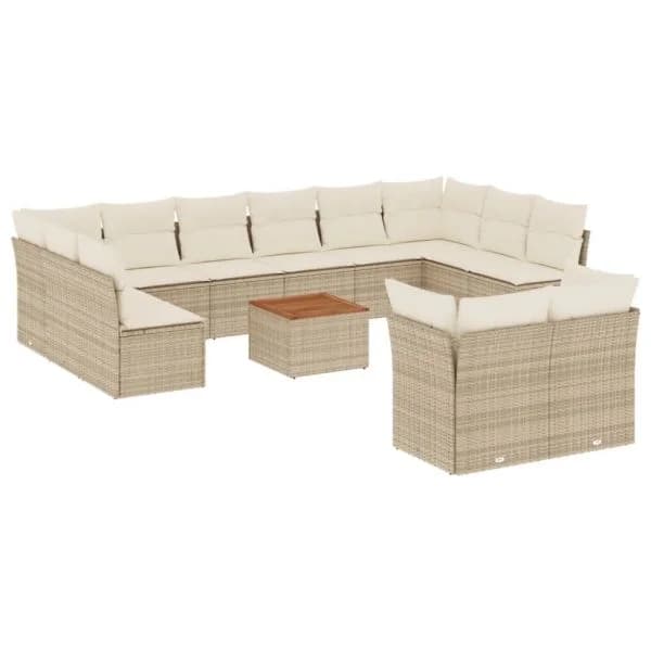 vidaXL 13 Peças Conjunto de Sofás para Jardim com Almofadões Vime Pe Bege - 2306041060
