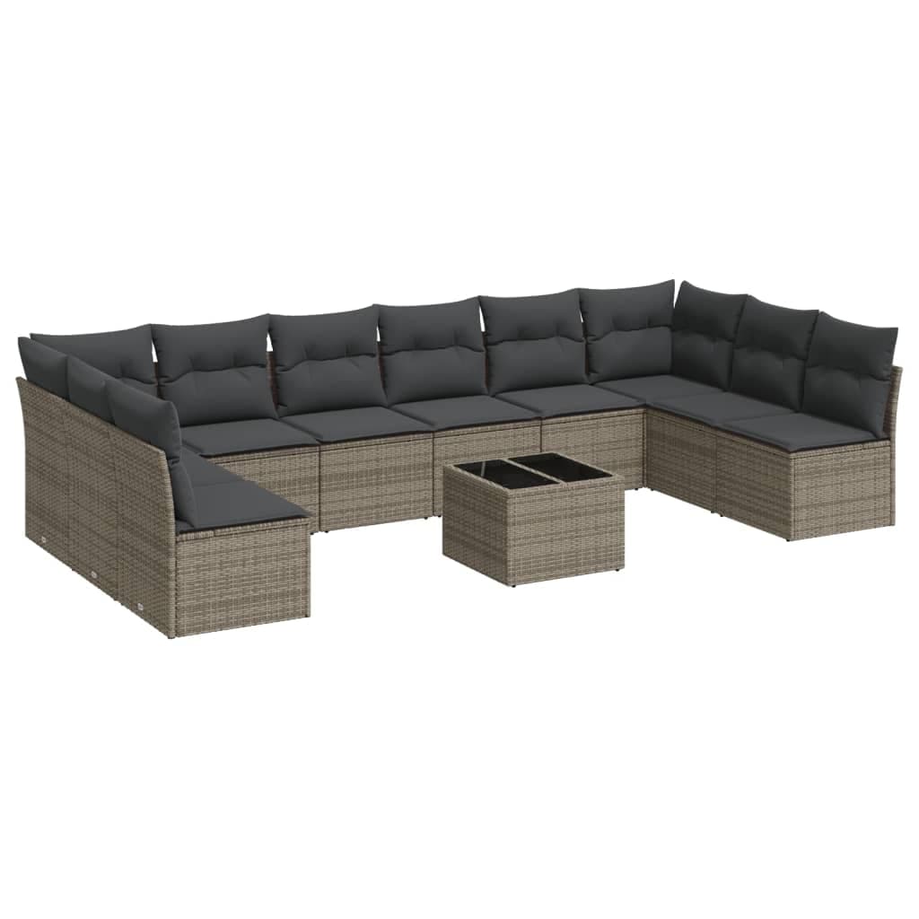 vidaXL 11 Peças Conjunto Sofás de Jardim com Almofadões Vime Pe Cinzento - 3406237235