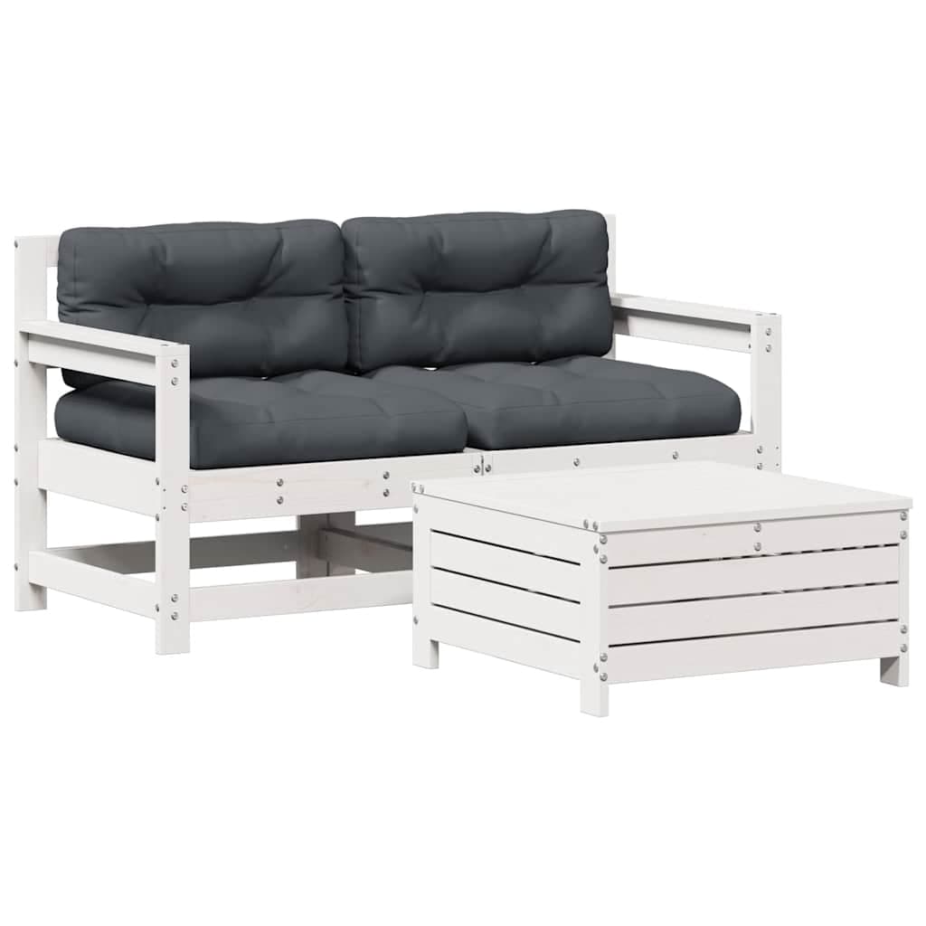 vidaXL 3 pcs conjunto lounge jardim c/ almofadões pinho maciço branco