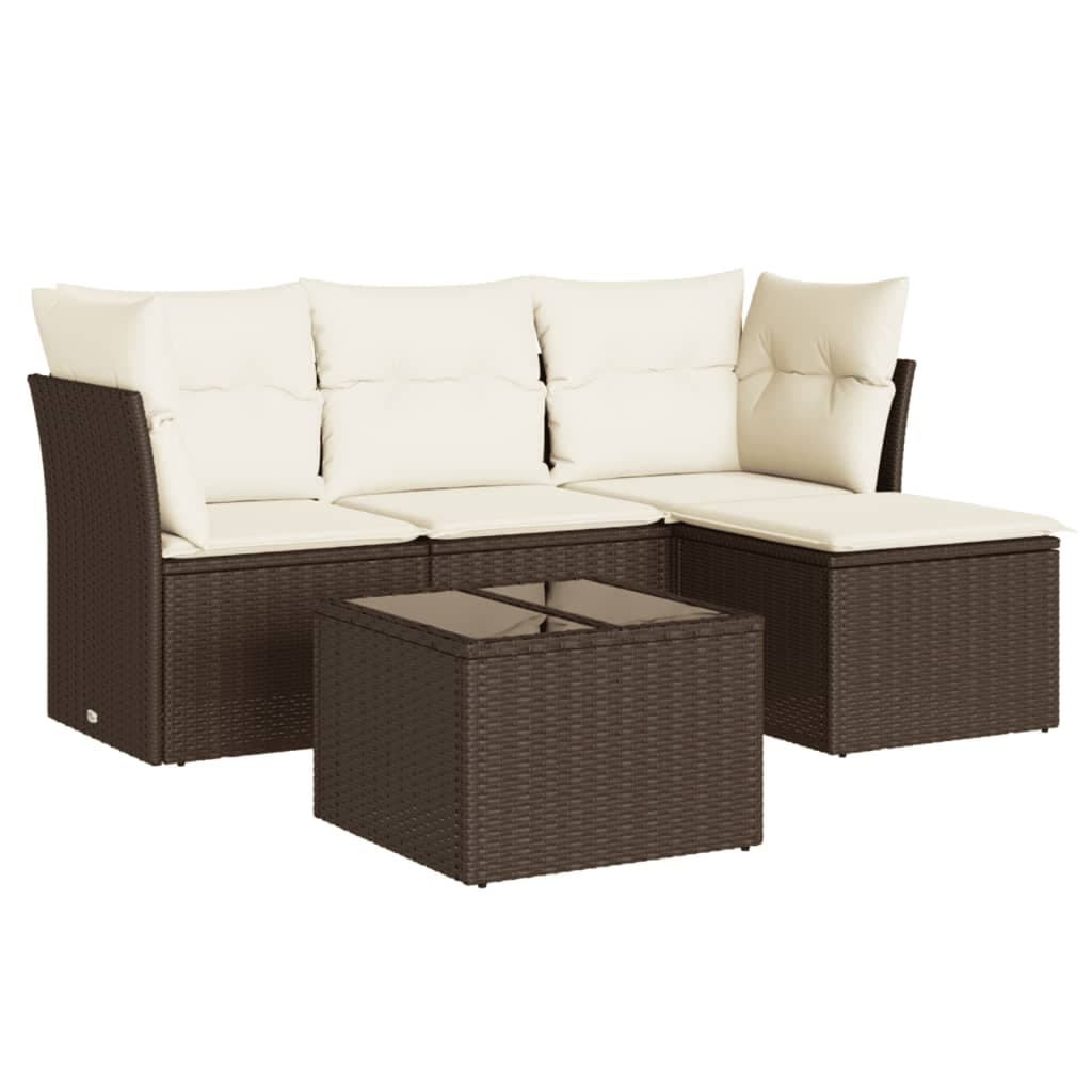 vidaXL 5 pcs conjunto sofás p/ jardim c/ almofadões vime PE castanho