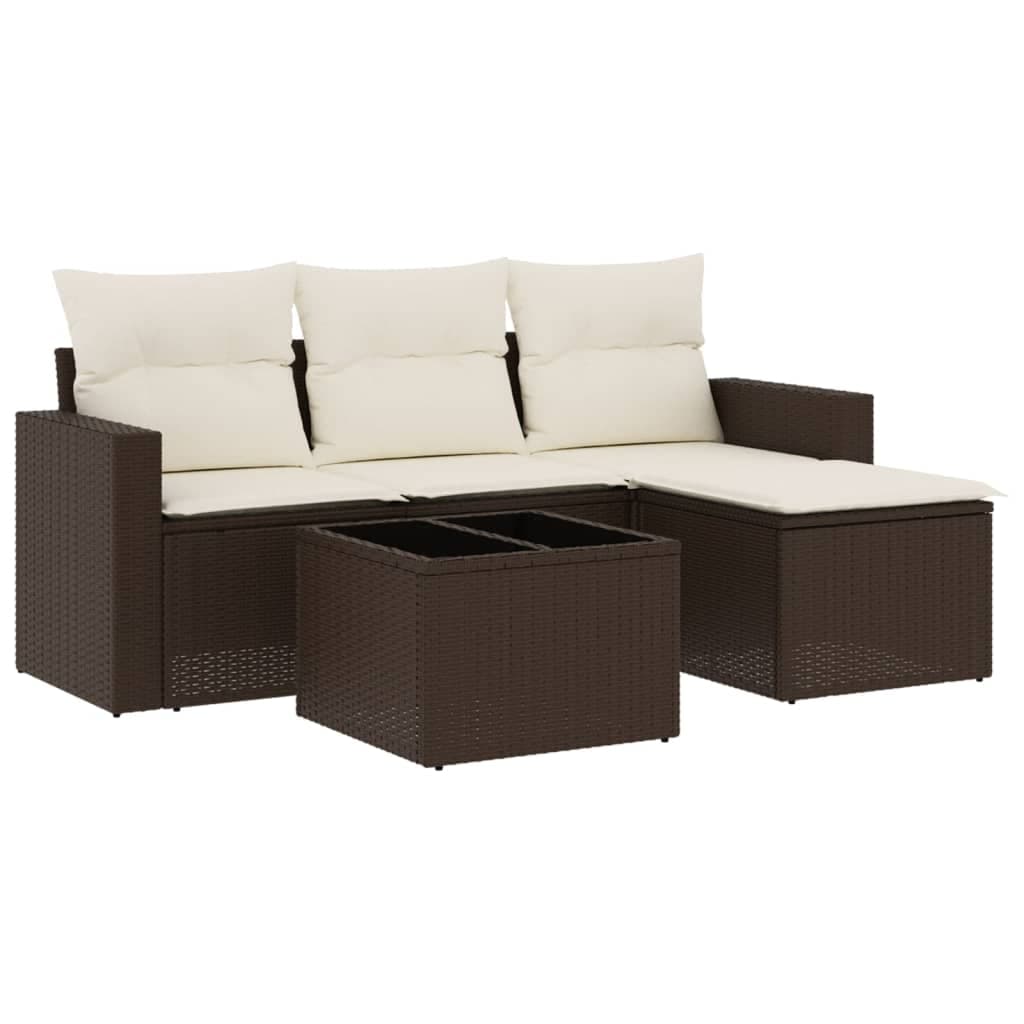 vidaXL 5 Peças Conjunto Sofás para Jardim com Almofadões Vime Pe Castanho - 1042325515